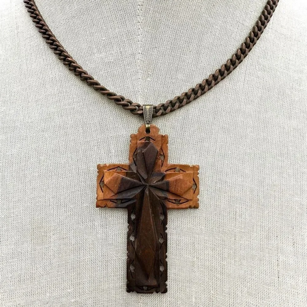 Vintage wood carved cross pendant necklace on copper chain